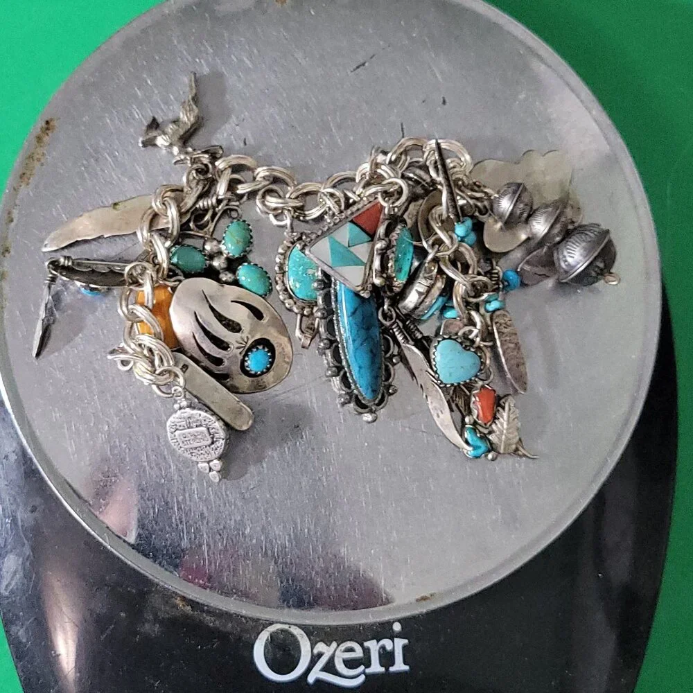 NAVAJO, HOPI, ZUNI & PAWN Turquoise Spiny Oyster, Lapis, Coral CHARM BRACELET - Picture 12 of 12